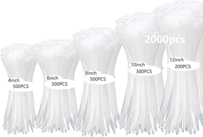 2000 PCS Zip Ties Assorted Sizes 4+6+8+10+12 Inch Self-locking Nylon Cable ties Heavy Duty Outdoor, UV Resistant Wire Straps for Home Office Garden Workshop Indoor Outdoor Fence((White)