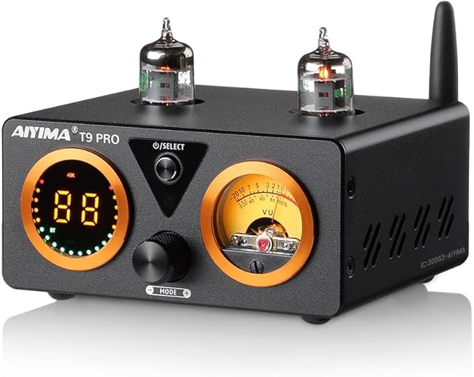 AIYIMA T9 PRO 200W Bluetooth Amplifier HiFi Digital Class D Power Amp 2.0/2.1 Channel Vacuum Tube DAC Amp with VU Meter & Bass Treble Bluetooth 5.2 Coaxial Optical PC-USB inputs (AIYIMA T9 PRO)