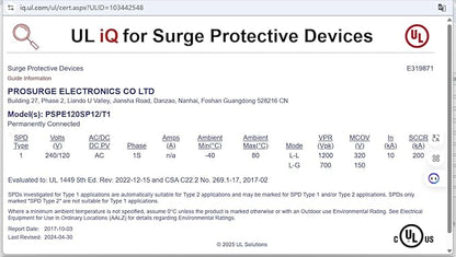 Whole House Surge Protection Device,Outdoor or Indoor,Single-Phase,3-Wire for 120/240V, 50KA(Surge Capacity per Phase),UL Listed
