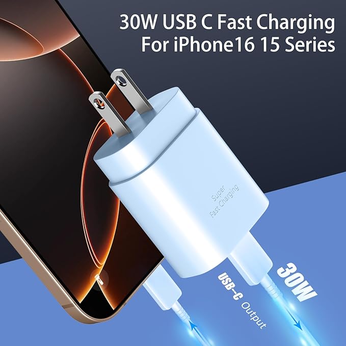 Phone 16 15 Pro Max Charger Fast Charging,30W USB C Phone 16 15 Fast Charger Block &10FT Long Type C Cable Cord for Phones 16 15/16 15 Pro Max/16 15 Pro/15 Plus/Pro 12.9/11 inch,Galaxy S24 Ultra,Blue