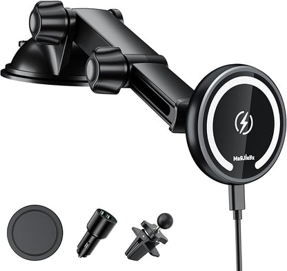 for Magnetic Magsafe Car Mount Charger, Wireless Car Charger with Fast Max 38W QC3.0Charging Adapter Retractable Phone Holder Fits iPhone16/15/14/13Plus/MagSafe Case,Dashboard/Vent/Windshield