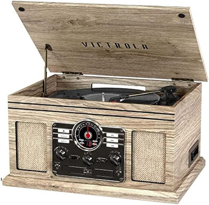 Victrola The Quincy 6-in-1 Bluetooth Record Player & Multimedia Center with Built-in Speakers – 3-Speed Turntable, CD & Cassette Player, AM/FM Radio, Wireless Music Streaming (Farmhouse Oatmeal)