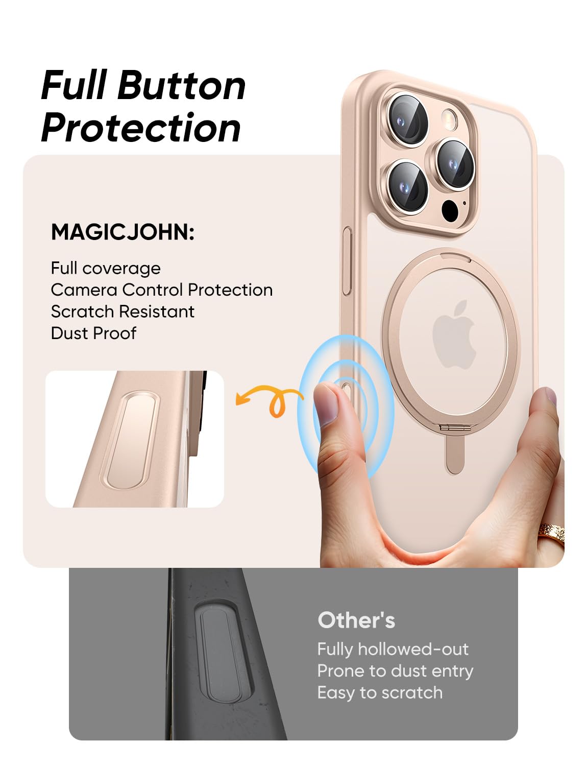 MAGIC JOHN 360° Rotatable Magnetic Invisible Stand for iPhone 16 Pro Case [Camera Control Button] [Compatible with MagSafe] 16FT Shockproof for iPhone 16 Pro Case with Kickstand, Rose Gold