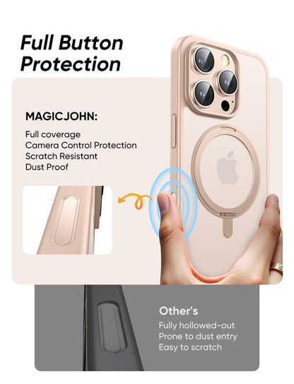MAGIC JOHN 360° Rotatable Magnetic Invisible Stand for iPhone 16 Pro Case [Camera Control Button] [Compatible with MagSafe] 16FT Shockproof for iPhone 16 Pro Case with Kickstand, Rose Gold