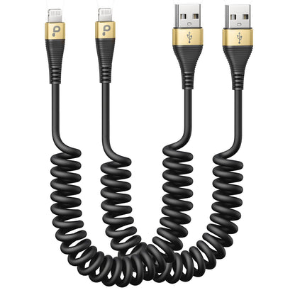 Short iPhone Charger Cable for Car, 2 Pack 3FT Coiled Lightning Cable