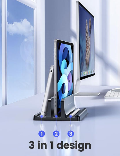 Vaydeer Vertical Laptop Stand Holder Organizer Plastic Adjustable Desktop Notebook Dock Space-Saving 3 in 1 for All MacBook Pro Air,Mac,HP,Dell,Microsoft Surface,Lenovo,up to 17.3 inches (Black)