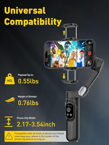 3-Axis Gimbal Stabilizer for iPhone 15/14/13 Pro Max Android,Foldable Smartphone Gimbal w/Built-in Fill Light,1/4 Thread,Professional Anti-Shake Video Record for TikTok YouTube(Smart X Black)