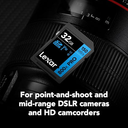 Lexar 32GB (3-Pack) High-Performance 800x PRO SD Card, UHS-I, C10, U1, V10, 4K, Up to 150MB/s Read Memory Card, for Point-and-Shoot & Mid-Range DSLR Cameras, HD Camcorders (LSD0800P032G-B3NNU)