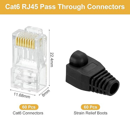 MECCANIXITY 60pcs Cat6 RJ45 Pass Through Connectors, RJ45 Connector 8P8C Gold Plated Plugs with 60pcs Black Strain Relief Boots for Solid or Stranded UTP Ethernet Cable, 1.1mm