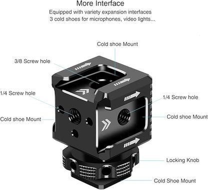 3 Port Cold Shoe Mount with 1/4"-20 Thread for Camera Cage Flash LED Monitor Microphone etc., Aluminum Camera Triple Cold Shoe Extension Bracket Compatible with Nikon, Canon, Sony..DSLR/SLR