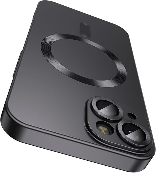 Magnetic for iPhone 15 Case [Compatible with MagSafe][Built-in Camera Lens Protector] Slim Soft Silicone Bumper Shockproof Metallic Shine Phone Case (Black)