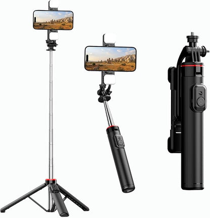 C13D 53" Selfie Stick Tripod with Fill Lights, Bluetooth Remote – Detachable Phone Mount, Dual Light Modes, for iPhone, Android, GoPro & Camera