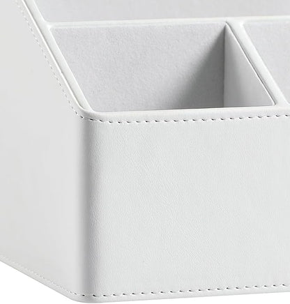 PU Leather Desk Organizer, Luxury Remote Control Holder for Home, Office Desk Accessories Table Caddy Bedside Nightstand Organizer (White)
