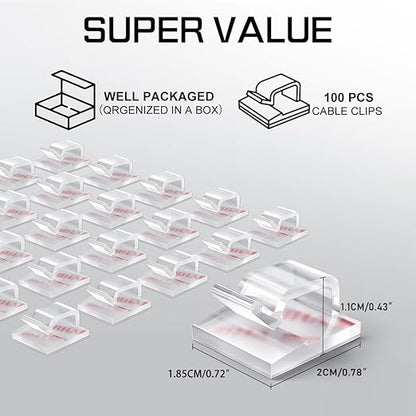 100PCS Cable Clips, Adhesive Wire Clips Strong Cord Clips Wire Holders, Cable Management Clips for Desk, Wall, Car, TV, Ethernet Cable (Clear, Medium)