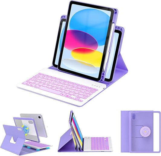BLUTLOTUS Keyboard Case for iPad 11th Generation (A16) 10th Generation (2025/2022) - 360 Rotatable Magnetic Folio Cover, 7 Color Backlit Detachable Wireless Keyboard with Pencil Holder (Purple)