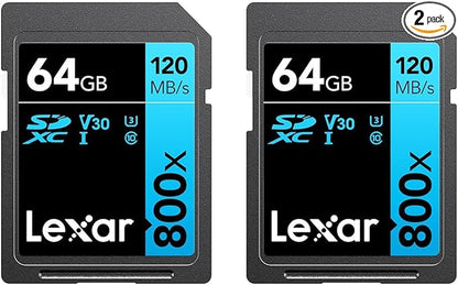Lexar High-Performance 800x 64GB (2-Pack) SDXC UHS-I Memory Cards, C10, U3, V30, Full-HD & 4K Video, Up to 120MB/s Read, for Point-and-Shoot Cameras, Mid-Range DSLR, HD Camcorder (LSD0800064G-B2NNU)
