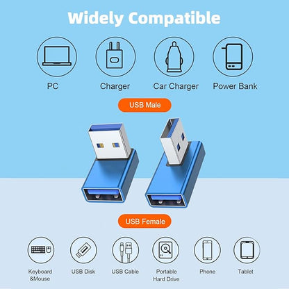 AreMe 90 Degree USB 3.0 Adapter 4 Pack, Up and Down Angle, Left and Right Angle USB A Male to Female Converter Extender for PC, Laptop, USB A Charger, Power Bank and More (Blue)