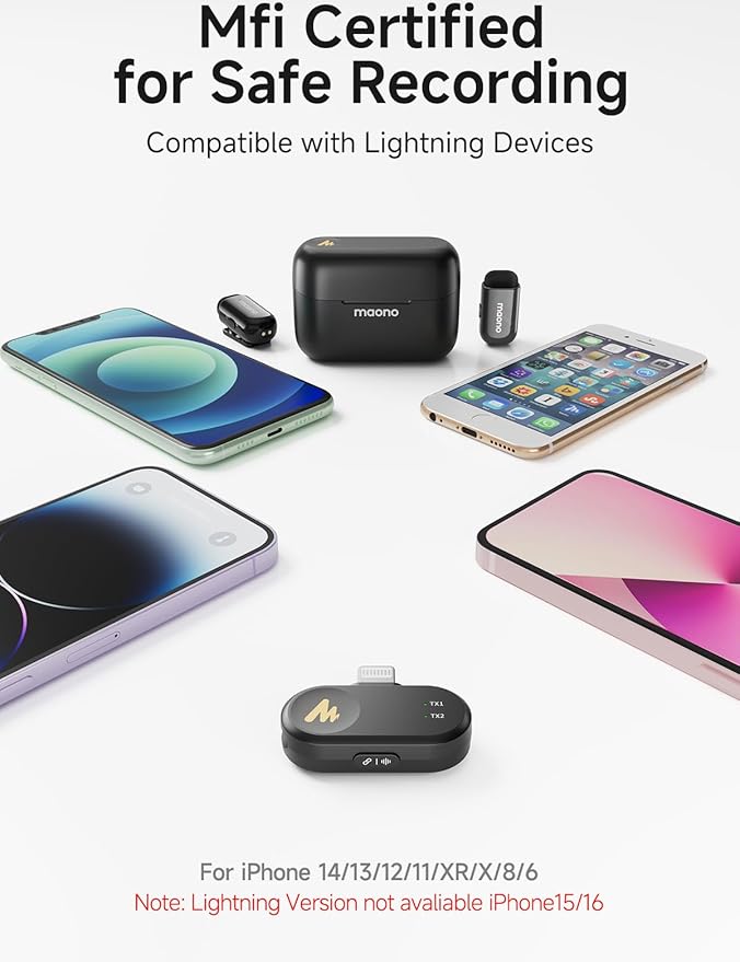 MAONO Wave T1 Mini Wireless Lavalier Microphone for iPhone iPad with MFi Certified Lightning Plug, Noise Cancellation, AI Voice Filter, 30H Used with Charging Case for Video Recording Vlog TikTok