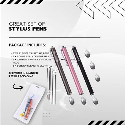 The Friendly Swede Mesh Tip Stylus Pen for Touchscreen — 3-Pack Micro-Knit Capacitive Stylus Pen for iPad & iPhone with 3 Replaceable Fiber Tips, Elastic Lanyards & Screen Cleaning Cloth