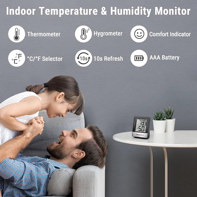 ThermoPro TP49 2 Pieces Digital Hygrometer Indoor Thermometer Humidity Meter Room Thermometer with Temperature and Humidity Monitor Mini Hygrometer Black Weather Station