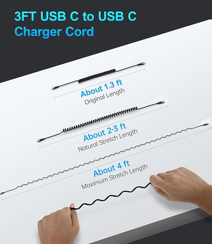 USB C Cable 100W 3FT Coiled USB C to USB C Charger Cable for Car, 2Pack Short Type C Cable Fast Charging Cable for iPhone 16/15/Pro/Plus/Pro Max/Samsung Galaxy S23, Compatible All Type C Devices,Blue