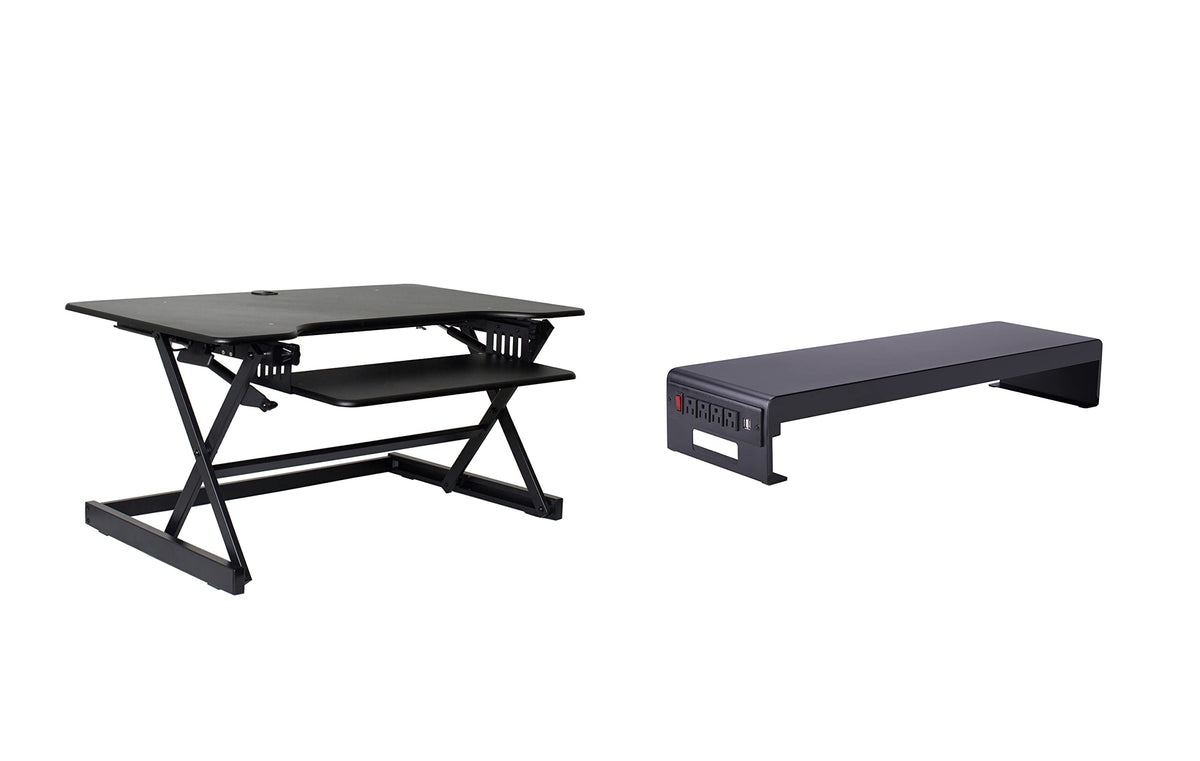 Rocelco 32" Height Adjustable Standing Desk Converter - Sit Stand Computer Workstation Riser - Dual Monitor Retractable Keyboard Tray Gas Spring Assist - Black (R EADRB2)