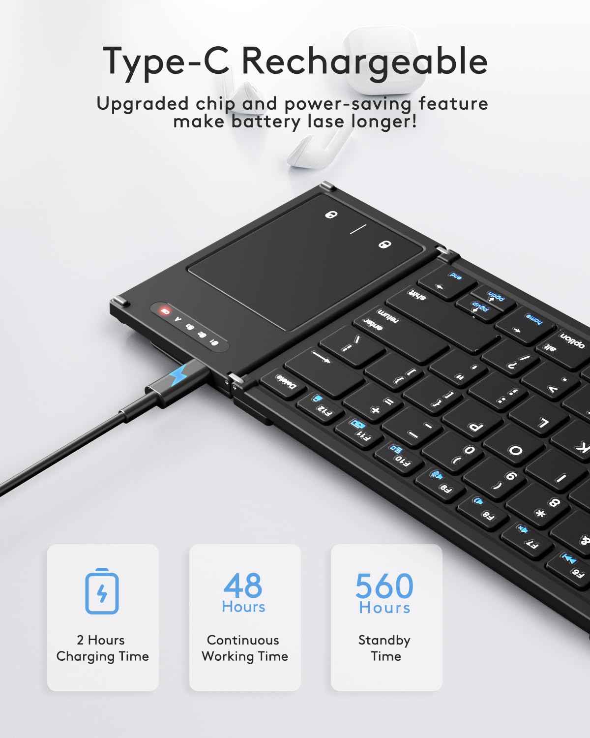 Samsers Full-Size Foldable Bluetooth Keyboard with Larger Touchpad, Black