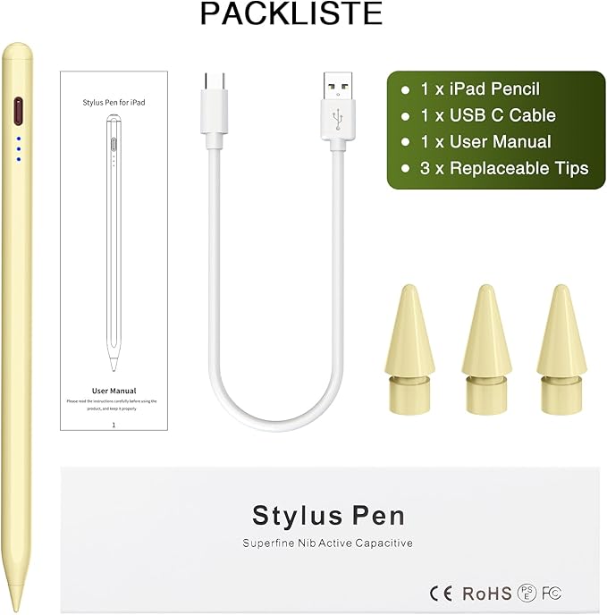 Pen for iPad 2018-2025, HATOKU 15 Mins Fast Charging Pencil 1st Gen with Tilt & Palm Rejection Compatible with iPad Air 3/4/5/M2/M3, iPad mini 5/6, iPad 6/7/8/9/10/11, iPad Pro 11"/12.9"/M4 (Yellow)