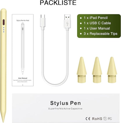 Pen for iPad 2018-2025, HATOKU 15 Mins Fast Charging Pencil 1st Gen with Tilt & Palm Rejection Compatible with iPad Air 3/4/5/M2/M3, iPad mini 5/6, iPad 6/7/8/9/10/11, iPad Pro 11"/12.9"/M4 (Yellow)
