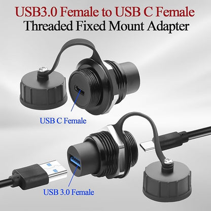 QIANRENON USB 3.0 to USB C Threaded Fixing Waterproof Adapter 5Gbps USB3.0 Female to USB Type C Female Feedthrough Bulkhead Mount Connector Receptacle 5V/1.5A, for Outdoor Data Transfer Charge