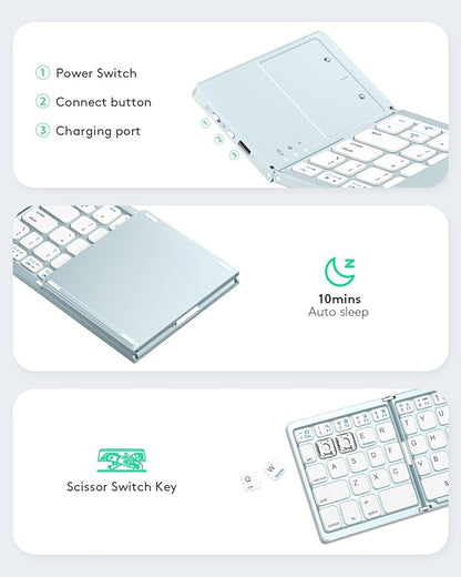 Samsers Foldable Bluetooth Keyboard with Touchpad - Portable Wireless Keyboard with Holder, Rechargeable Full Size Ultra Slim Pocket Folding Keyboards for Android Windows iOS Tablet & Laptop - Blue