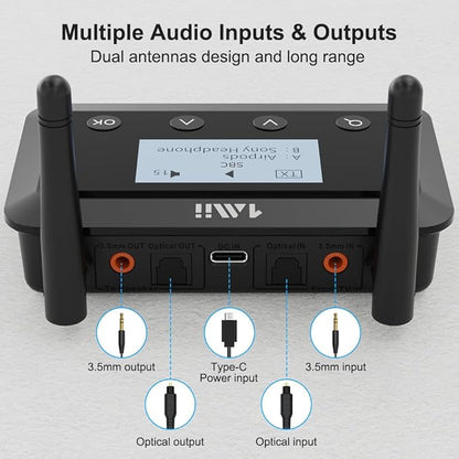 1Mii B03+ Bluetooth Transmitter Receiver for TV Home Stereo, Long Range Bluetooth 5.3 Adapter for TV Audio with Screen, aptX Low Latency & HD & AD, Optical RCA AUX 3.5mm Inputs/Outputs