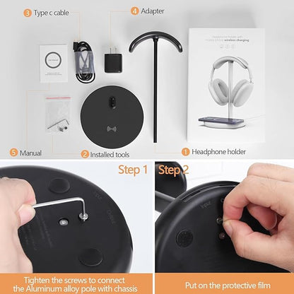Miroddi Headphone Stand with Wireless Charger, Independent USB Charging Port, 5 in 1 Charging Station Headset Holder Rack for AirPods Max/Pro/4/3/2, iWatch, iPhone, Samsung and Desk Headphones, Black