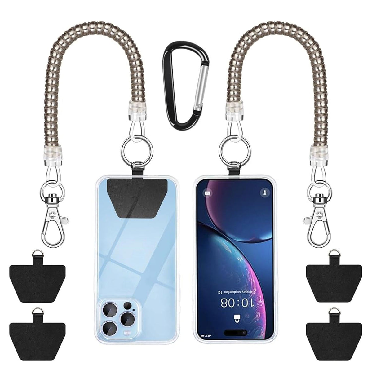 SHANSHUI Phone Lanyard Tether, Anti Theft Spring Phone Strap, 4 x Phone Pacthes & Climbing Hook Universal Phone Lanyard for Keys Outdoor Skiing Hiking Fishing Fitting for All Smartphones - 2PCS Black