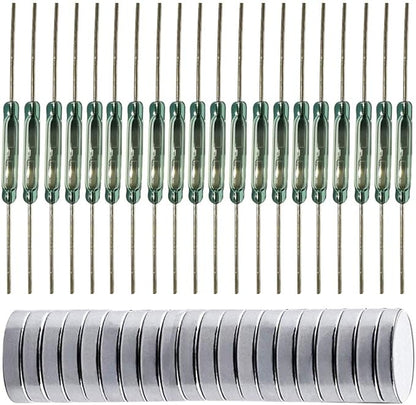 20pcs Glass Reed Switch Reed Contact Normally Open (N/O) Magnetic Induction Switch (2mm×14mm) with 20pcs Multi-Use Magnetic Sheet