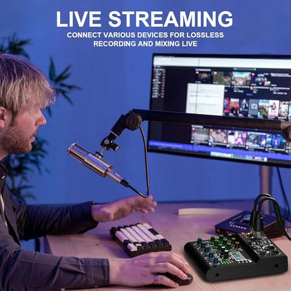 mw-4 black 4Channel Audio Mixer with 99 Sound Effects for PC,Portable Sound Mixing Console with BT USB Recording Input for Live Streaming,Podcasting