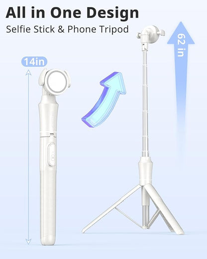 UBeesize 62'' Magnetic Selfie Stick Phone Tripod with Wireless Remote, Extendable Cell Phone Tripod Stand, Compatible with MagSafe, Cellphone Tripod for iPhone 15 14 13 12 and Android Phones White