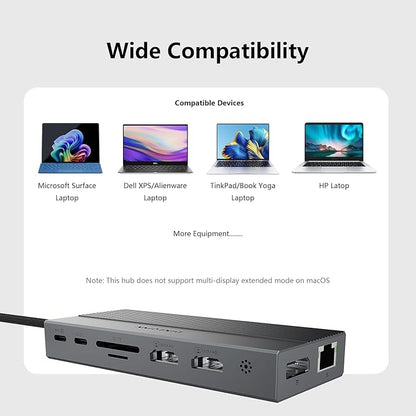 13-in-1 USB C Docking Station: Triple 4K Display, 100W Power Delivery, 5Gbps Data Ports, SD/MicroSD Slot - for Dell XPS, HP Laptops & ThinkPad