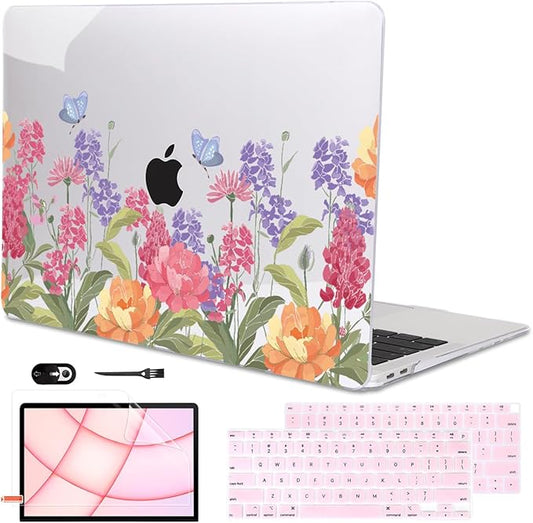 for MacBook Air 13 inch M1 Case 2021 2020 2019 2018 (Model M1 A2337 A2179 A1932) with Touch ID & Retina Display, Printed Pattern Hard Shell Case Keyboard Cover, Pink & Purple Flowers