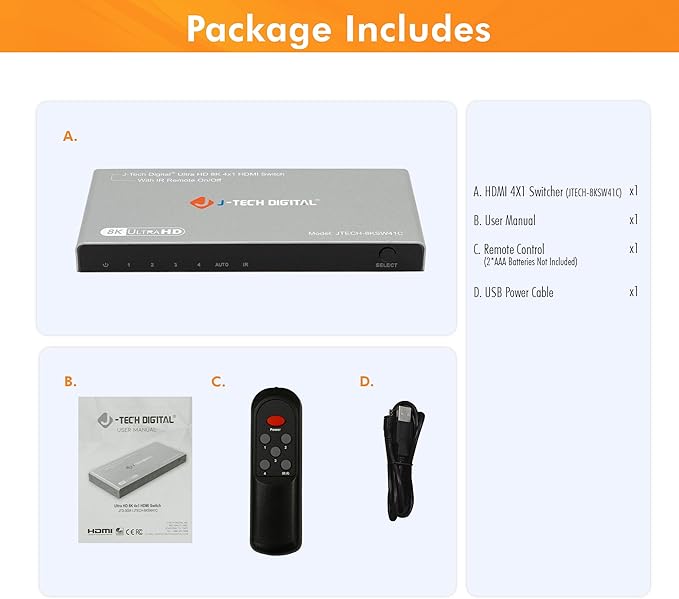 J-Tech Digital HDMI Switch 4K 120hz, 2.1 Switch 4 in 1 Out, 8K 60Hz 1080P 240Hz IR Remote Auto Switch USB C Power Cable, Compatible with HDR & Dolby Vision ALLM VRR QFT [JTECH-8KSW41C]