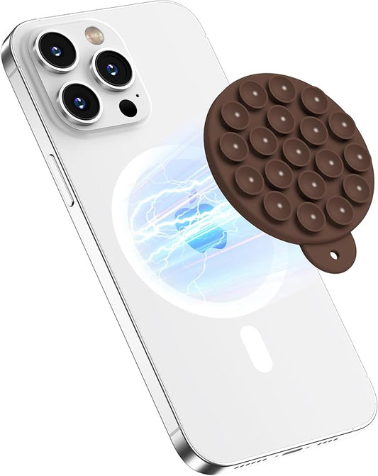 HSAOHD Magnetic Suction Cup Phone Mount with MagSafe, Silicone Hands-Free Grip Holder for iPhone Case and Android, Mirror Shower Phone Stand for Makeup FaceTime Gym Kitchen Bathroom, Chocolate
