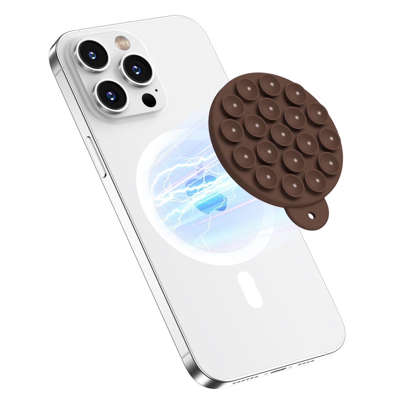 HSAOHD Magnetic Suction Cup Phone Mount with MagSafe, Silicone Hands-Free Grip Holder for iPhone Case and Android, Mirror Shower Phone Stand for Makeup FaceTime Gym Kitchen Bathroom, Chocolate