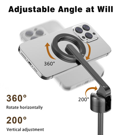 TONEOF 68" Magnetic Selfie Stick Tripod with Aluminum Strong Magnetic Holder for Magsafe, 360° Rotatable Travel Phone Tripod Stand with Metal Ring & Rechargeable Remote for iPhone/Android（Black）