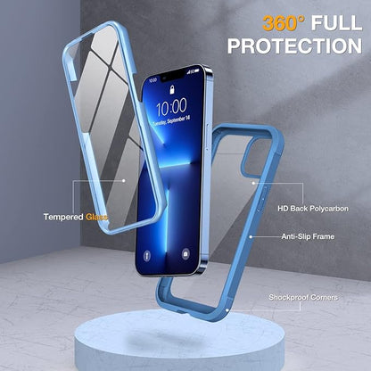 Miracase Glass Case for iPhone 13 Pro Max 6.7 inch, 2023 Upgrade Full-Body Clear Bumper Case with Built-in 9H Tempered Glass Screen Protector, Capri Blue