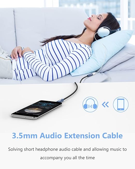 MillSO 3.5mm Headphone Extension Cable Nylon Braided (8 FT/2.4 M) 4 Pole TRRS Male to Female Stereo Aux Audio Extension Cable for PC Smartphone Speaker or More Devices - [Seablue Young Series]