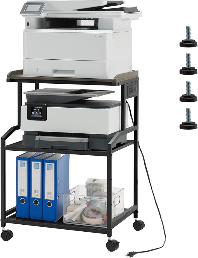Lauren&Harold 34'' Printer Stand with Power Outlets & USB Ports, 3-Tier Adjustable Rolling Cart, Heavy Duty 150LBS Storage Table with Wheels for Office, Kitchen, Living Room, Black