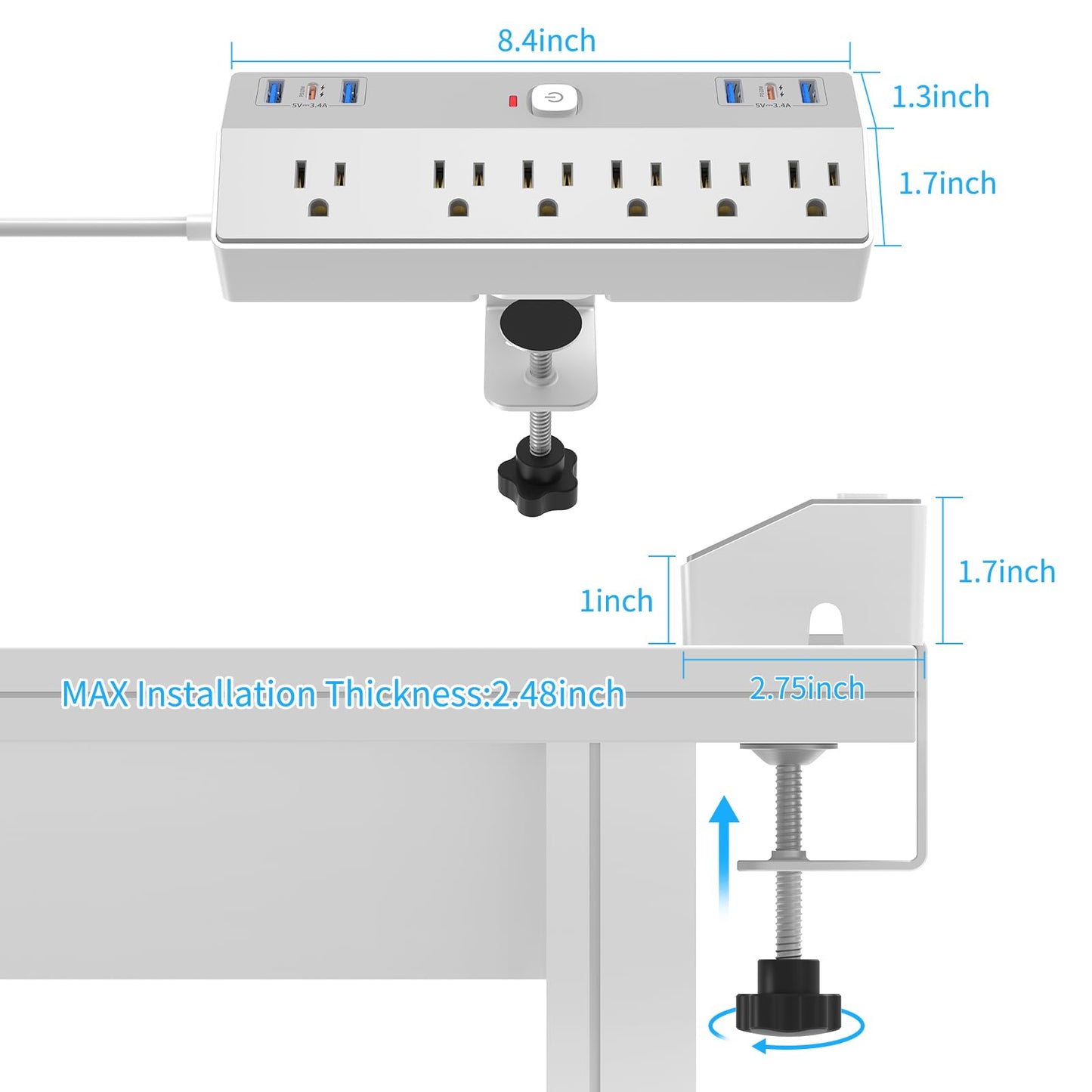 Desk Clamp Power Strip with 40W Fast Charging USB-C, JXGUCAT 10Ft Desk Mount Surge Protector with 6 Outlets 6 USB Ports, Flat Plug Extension Cord Home Office Essentials, Fit 2.48" Tabletop Edge
