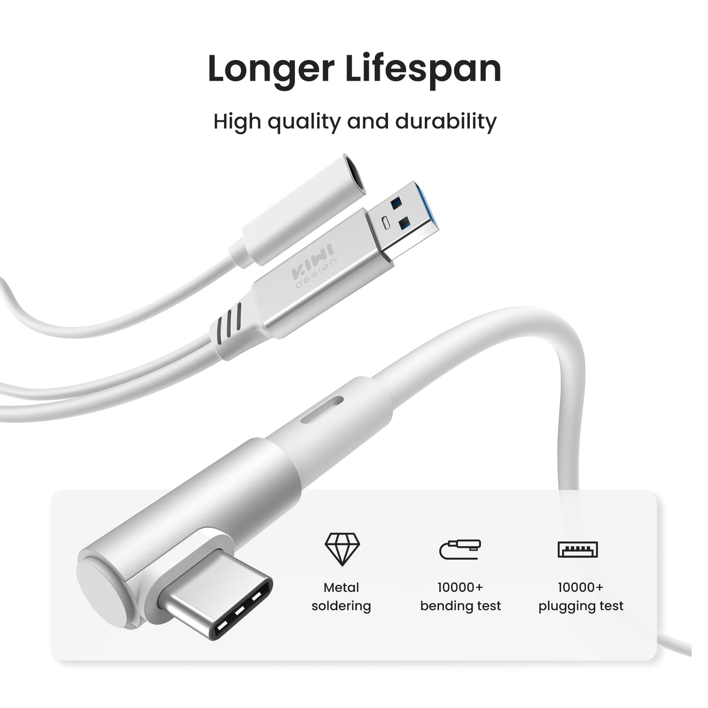 KIWI design Link Cable with Charging 16FT, USB 3.0 to USB C, White