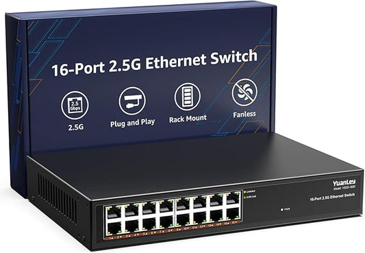YuanLey 16 Port 2.5GB Unmanaged Ethernet Switch, 16 x 2.5G Base-T Ports, Compatible with 100/1000/2500Mbps, Metal Fanless, Desktop/Rack Mount YuanLey 2.5 Gigabit Network Switch for Wireless AP, PC