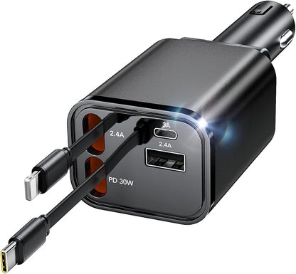Retractable Car Charger, 4 in 1 Fast Car Charging 60W, Compatible for iPhone 16 Car Travel Essentials Charger, Women Men for Gifts USB C Car Honda Civic Accessories Adapter Compatible for iPhone 16 15